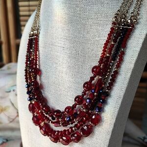 NRQ Ruby Red Faceted Glass Crystal and Purple Beaded Gold Tone Necklace Signed